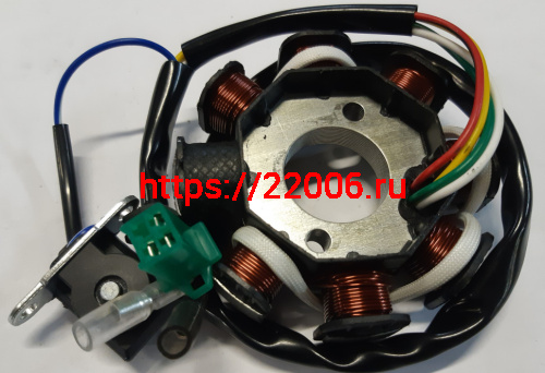 Статор генератора 152QMI, 157QMJ 125/150сс 8 катушек (1 индукционная катушка) фишка 3 конт+2 провода ТММР Статор генератора 152QMI, 157QMJ 125/150сс 8 катушек (1 индукционная катушка) фишка 3 конт+2 провода ТММР